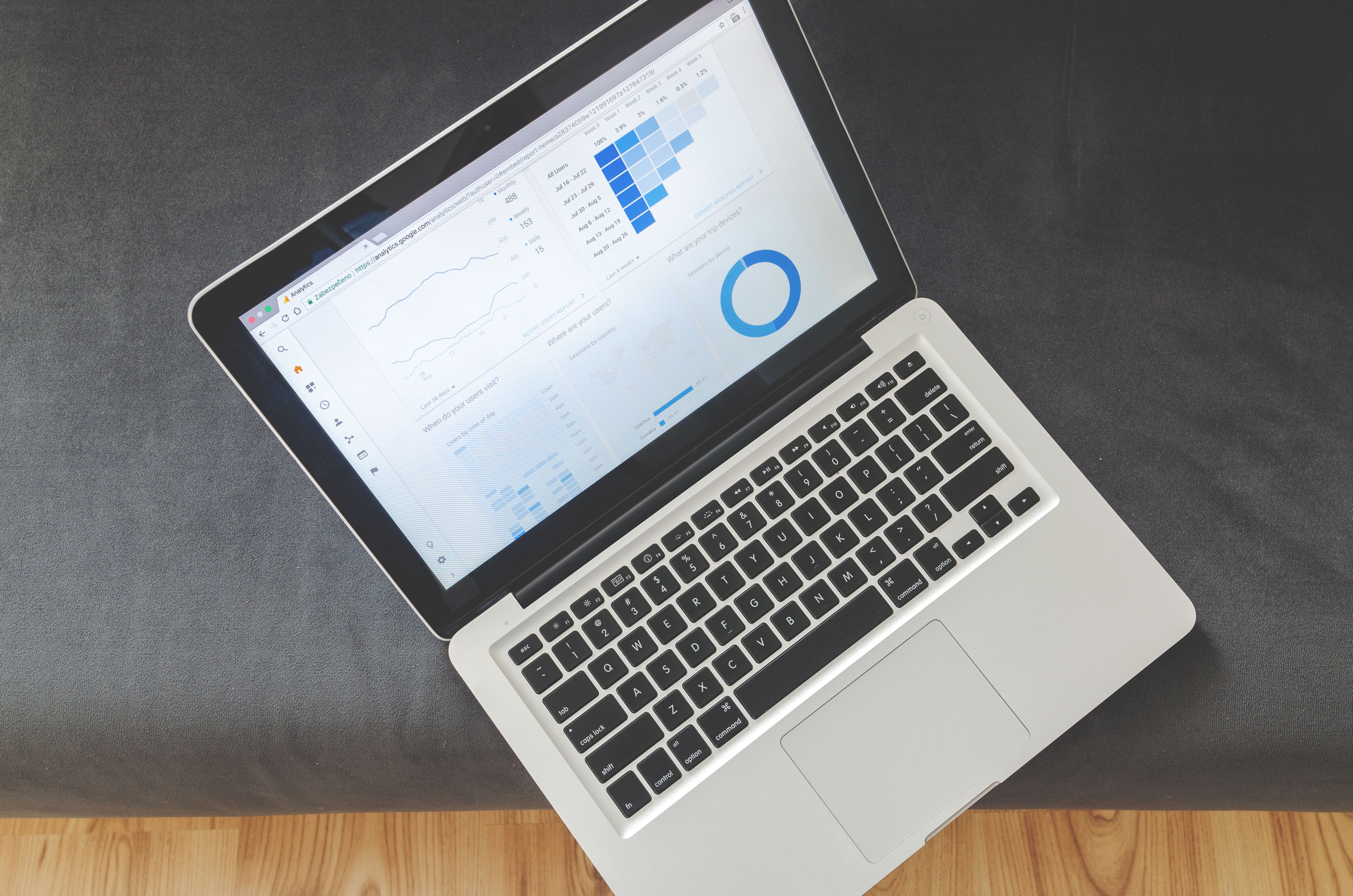 Overhead view of a laptop showing analytics charts used to track local search ranking performance